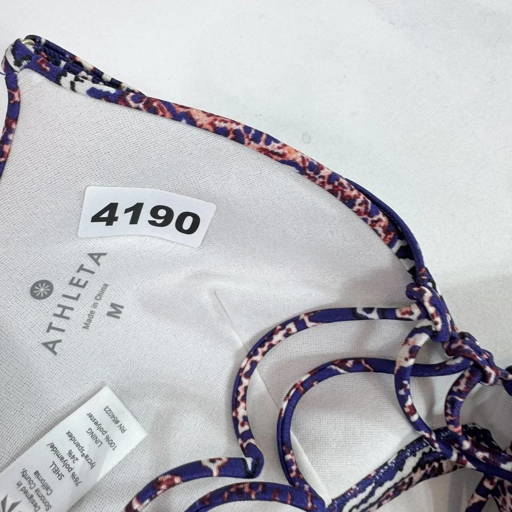 Athleta Bikini Top Womens Medium Purple Blue Strappy Back Padded Print Swimwear - Picture 8 of 8